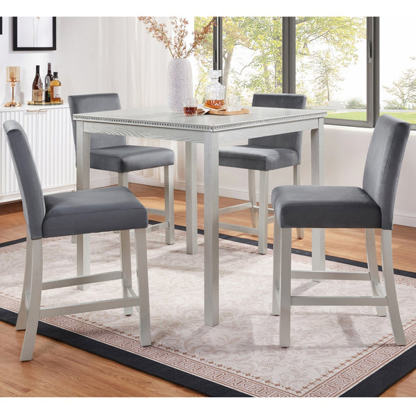 English Elm 5 Piece Counter Height Table Set - Stylish Square Dining Table With 4 Upholstered Chairs, Silver Grey W1998S00070