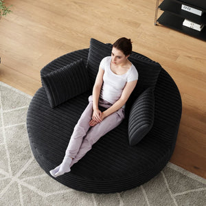 English Elm 55''l 55'l Faux Rabbit Fur Corduroy Swivel Lounge Chair Cloud Foam Seat for Bedroom Black W834S00448