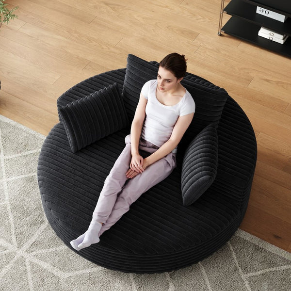 English Elm 55''l 55'l Faux Rabbit Fur Corduroy Swivel Lounge Chair Cloud Foam Seat for Bedroom Black W834S00448