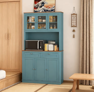 English Elm Adjustable Freestanding Kitchen Hutch with Glass Doors Microwave Station and Drawers T3971P428071