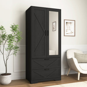 English Elm 2 Door Wardrobe Closet with Full Length Mirror Motion Light Hanging Rod and Drawers Black W409P266778