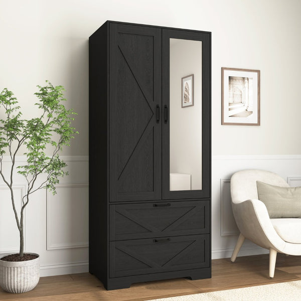 English Elm 2 Door Wardrobe Closet with Full Length Mirror Motion Light Hanging Rod and Drawers Black W409P266778