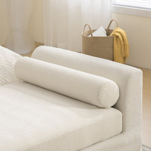 English Elm 88.58" Wide Chenille Upholstered Bench with Curved Armrests and Bolster Pillows for Bedroom Beige W3189S00027