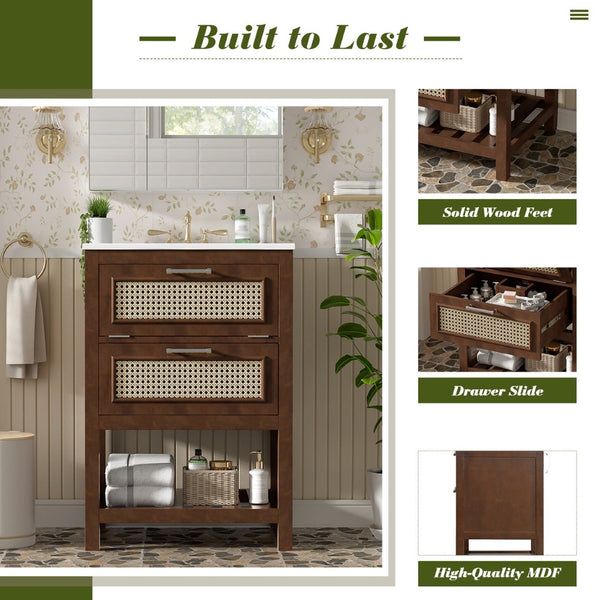 English Elm 24" Rattan Front Bathroom Vanity with Ceramic Sink Deep Drawer Storage Mdf Cabinet Dark Brown N710P293990P