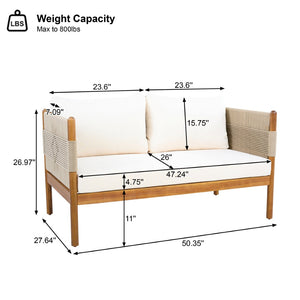 English Elm Outdoor Acacia Wood Loveseat Handwoven Rope Weave Patio Seating with Cushions Beige,Cream,Teak N768P361444T