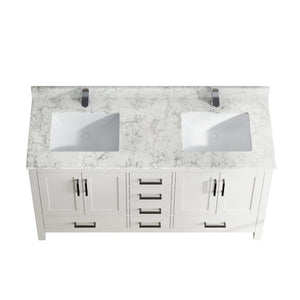 English Elm 59" Double Basin Vanity Carrara Top Solid Wood Frame Vintage Legs 6 Drawer White T3785P383045