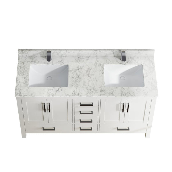 English Elm 59" Double Basin Vanity Carrara Top Solid Wood Frame Vintage Legs 6 Drawer White T3785P383045