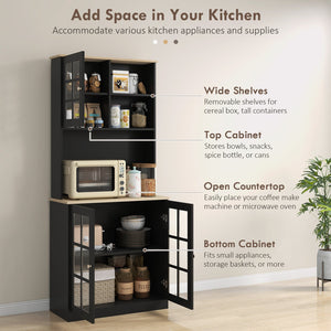 English Elm HOMCOM 72" Kitchen Pantry Hutch Cabinet with Glass Doors, Large Countertop, Adjustable Shelves, Black W2225P200665