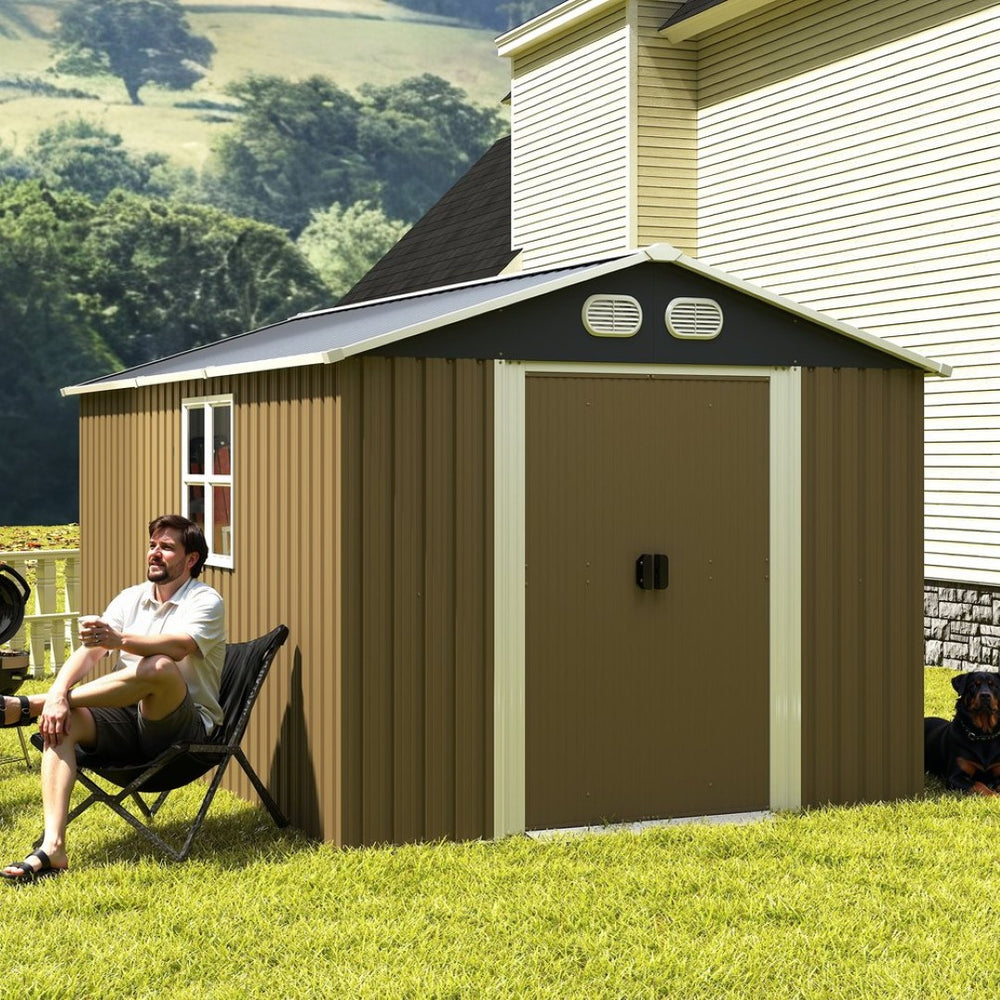 English Elm Campcraft 8x12 Outdoor Metal Storage Shed Lockable Weatherproof Backyard Tool House Brown W1598S00043
