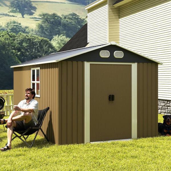 English Elm Campcraft 8x12 Outdoor Metal Storage Shed Lockable Weatherproof Backyard Tool House Brown W1598S00043