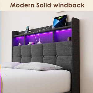 English Elm Full Linen Upholstered Bed with LED Lights, 20W Fast Charging, 2 Drawers & Memory Foam Headboard - Dark Gray W1550P190361