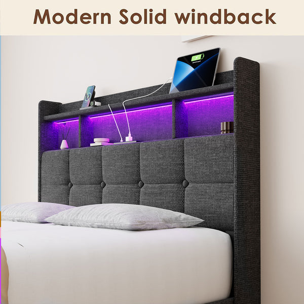 English Elm Full Linen Upholstered Bed with LED Lights, 20W Fast Charging, 2 Drawers & Memory Foam Headboard - Dark Gray W1550P190361