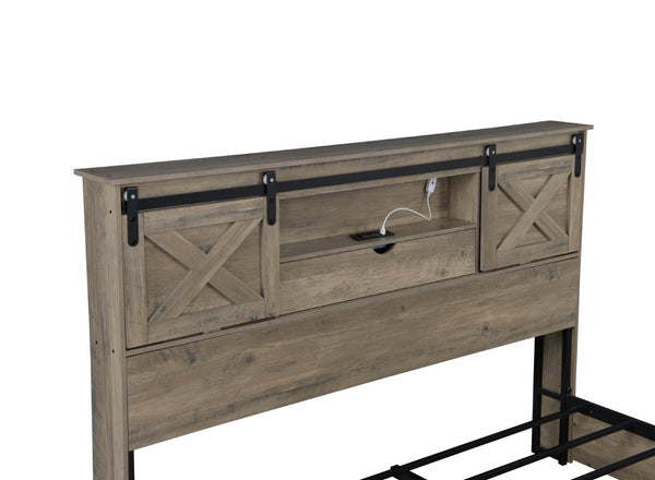 English Elm Farmhouse King Storage Bed Rustic Wood Headboard with Led Lights and Charging Hub W1670P362672