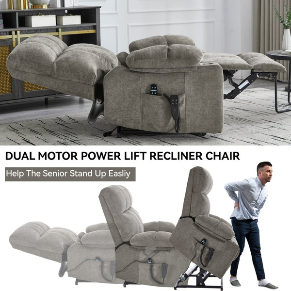 English Elm Dual Motor Power Lift Recliner with Massage Heat and Leatherair Upholstery for Living Room Brown W3224P290202