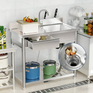 English Elm 304 Stainless Steel Freestanding Outdoor Sink Station with Workbench and Storage Shelf W3190P371785