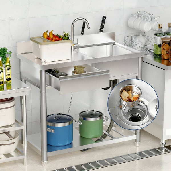 English Elm 304 Stainless Steel Freestanding Outdoor Sink Station with Workbench and Storage Shelf W3190P371785