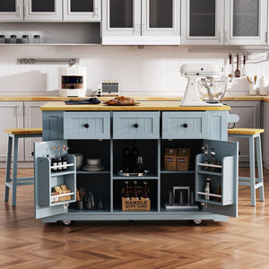 English Elm K&k 53 Inch Kitchen Island Set with Bar Stools Power Outlet Drop Leaf and Storage Grey-Blue N707S003007G