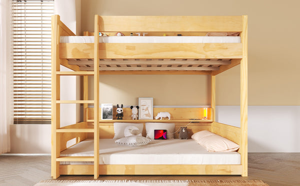 English Elm Queen Over Pine Bunk Bed with Built-in Shelves and Usb Charging Ports Wood N7090002238D