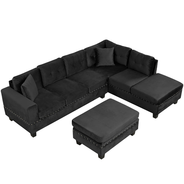 English Elm 105" Modern Velvet Sectional Sofa with Storage Ottoman, Reversible Chaise, Cup Holders & Pillows Black N719S000580B