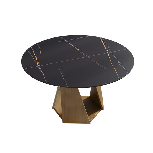English Elm 53" Round Marble Dining Table – Elegant Sintered Stone Top & Bronze Iron Base For 6, Modern Style W1535S00408