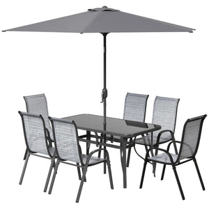 English Elm Modern Outdoor Dining Set 8 Piece Aluminum Mesh Chairs Glass Table with Umbrella T3971S00148