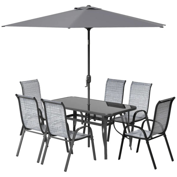 English Elm Modern Outdoor Dining Set 8 Piece Aluminum Mesh Chairs Glass Table with Umbrella T3971S00148