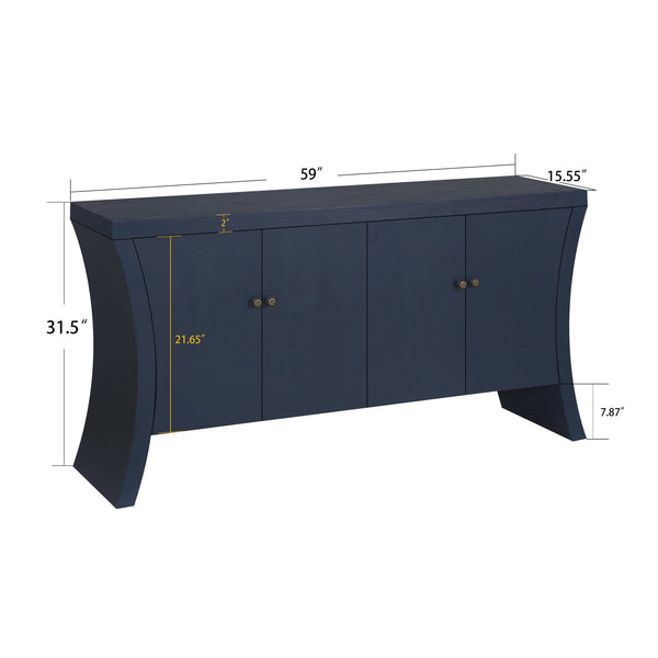 English Elm Refined Industrial 4-Door Credenza with Solid Wood Arc Legs, Distressed Bronze Clasps, Durable Storage Navy Blue W1445P256460