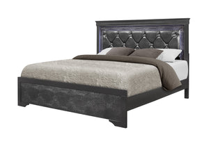 English Elm SHAKER Metallic Grey Full Bed with LED Lighting, Crystal-Tufted Padded Headboard, Solid Wood MDF Frame B201S00338