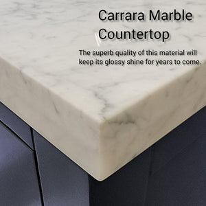 English Elm Blue Single Bath Vanity with Carrara Marble Top, Soft-Close Drawers & 34" Frameless Mirror, 36" B2731S01434