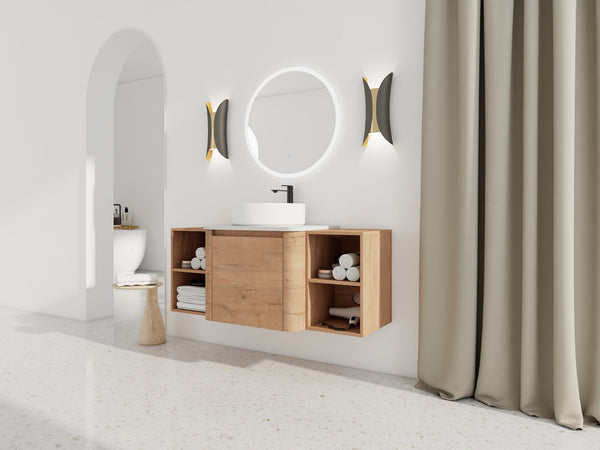 English Elm 48'' Wall-Mounted Bathroom Vanity With Elegant Ceramic Sink, Soft-Close Door & Dual Storage Shelves W999S00408