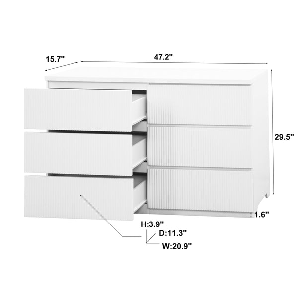 English Elm 6 Drawer Storage Cabinet White — Stylish 6-Drawer Dresser wavy fronts, spacious organizer for bedroom, hallway, entryway, living room W409P270435