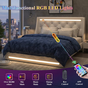 English Elm Queen Platform Bed Wingback Diamond Quilted Headboard Led Lighting Storage Drawers White W5722P462388