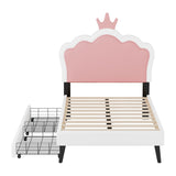 English Elm Twin Size Upholstered Princess Bed With Crown Headboard and 2 Drawers,Twin Size Platform Bed With Headboard and Footboard, Pink+White