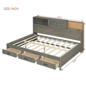 English Elm Full Size Gray Wood Daybed with Storage Drawers Shelf Usb Charging Upholstered Back LP002025AAE-1
