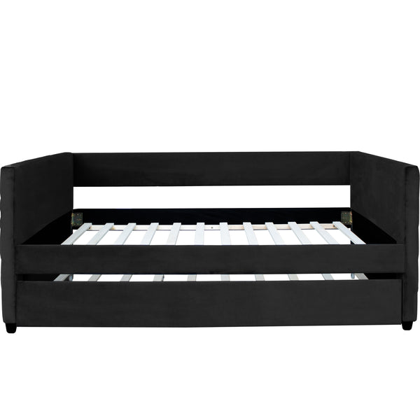 English Elm MODERN Twin Daybed with Trundle in Black Velvet Upholstery, Gold Accents, Space-Saving Guest Bed W1867S00012