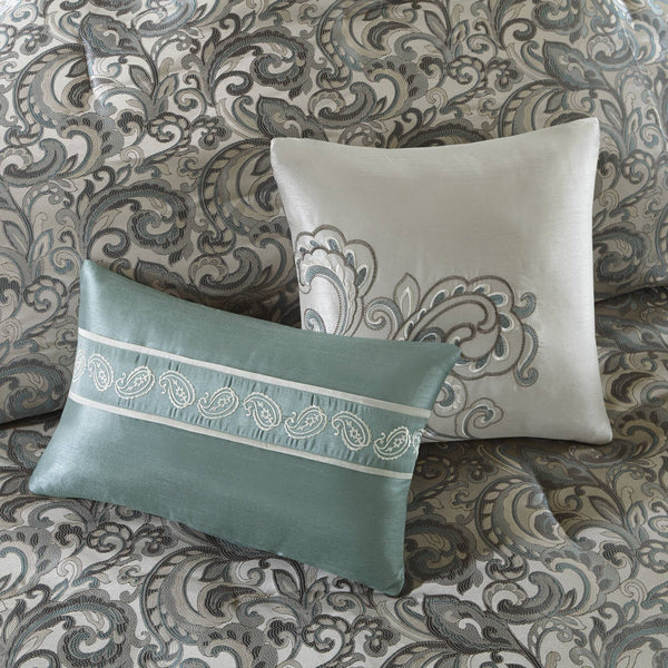JLA Home Madison Park Essentials - 24 Teal and Grey Jacquard Paisley Bedding Set with Curtains, Embroidered Pillows, Hypoallergenic Fill 92 L x 104 W x 1.5H MPE10-637
