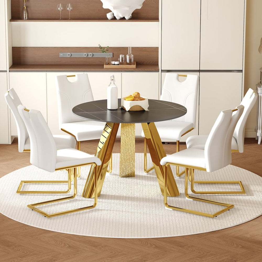 English Elm Table Set: Luxurious 42-Inch Round Sintered Stone Table With 6 Ergonomic White Chairs & Gold Legs W2920S00042-GIGA
