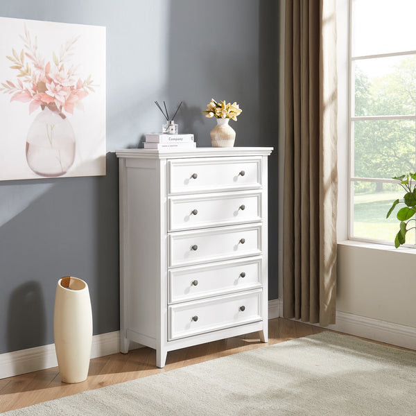 English Elm Modern 5 Drawers Dresser with Smooth Glide Drawers, Stylish Metal Handles & Unique Stable Feet Organizer for Bedroom and Living Room Storage (45.87"L x 20.08"W x 11.03"H) White W2275P149803