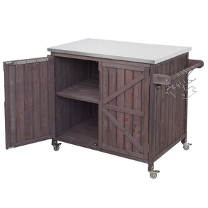 English Elm K&k Rolling Outdoor Kitchen Island Solid Fir Wood Stainless Steel Top Storage Cabinet Dark Brown N707P370287Z