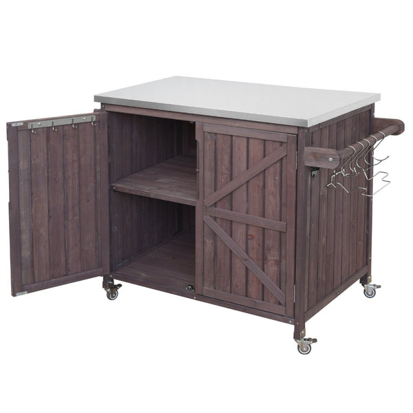 English Elm K&k Rolling Outdoor Kitchen Island Solid Fir Wood Stainless Steel Top Storage Cabinet Dark Brown N707P370287Z