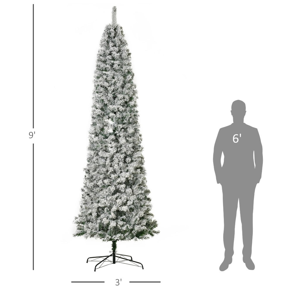 English Elm Artificial Snow Flocked Pencil Tree 9 Ft Tall with 550 Warm White Led Lights T3971P415478