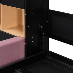 English Elm Queen Murphy Wall Bed with Velvet Sofa Built in Shelves Cabinets and Reading Lights Black LP000393AAB