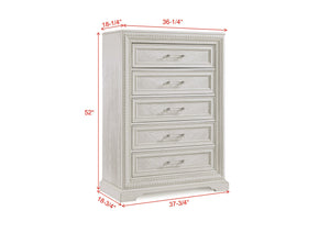 English Elm 1pc Five-Drawer Tall Storage Chest with Bright Finish, Elegant Pulls, Spacious Wooden Bedroom Tower Antique White 41 L x 22.5 W x 57 H B2741P408963