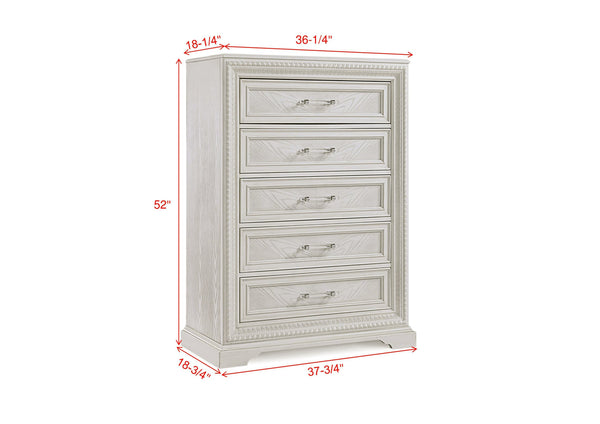 English Elm 1pc Five-Drawer Tall Storage Chest with Bright Finish, Elegant Pulls, Spacious Wooden Bedroom Tower Antique White 41 L x 22.5 W x 57 H B2741P408963
