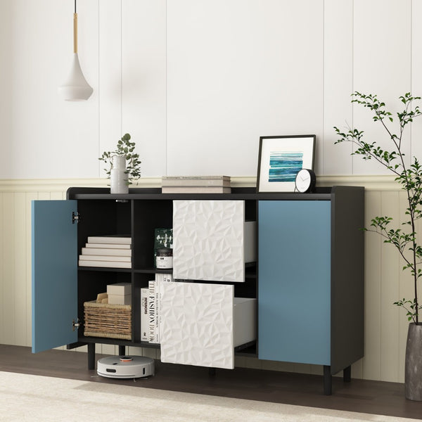 English Elm Sideboard Buffet Cabinet - Modern Black & Blue Storage Solution With Drawers For Dining & Kitchen Decor W409P176594-GIGA
