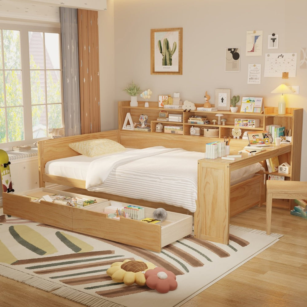English Elm Wooden Twin Daybed with Trundle Built-in Desk and Open Shelves for Kids Rooms Natural N733S373385M