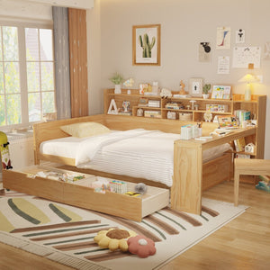English Elm Wooden Twin Daybed with Trundle Built-in Desk and Open Shelves for Kids Rooms Natural N733S373385M