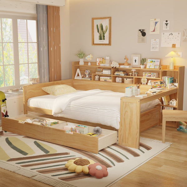 English Elm Wooden Twin Daybed with Trundle Built-in Desk and Open Shelves for Kids Rooms Natural N733S373385M