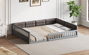 English Elm Wood Full Size Upholstered Platform Bed with Guardrail and Head Pillow, Sleek Silhouette, Sturdy 600lb Capacity Gray WF323090AAE