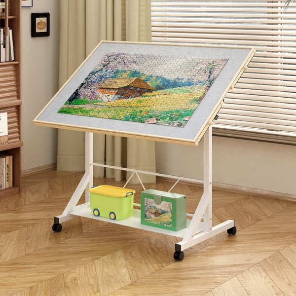 English Elm (white) Wooden Puzzle Table with Drawers Tilting Top Wheels and Protective Cover W2641P442535